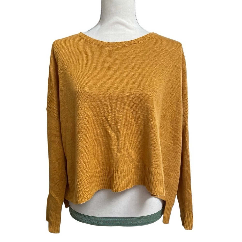 Eileen Fisher Organic Linen Boxy Sweater XS Mustard Yellow High Low